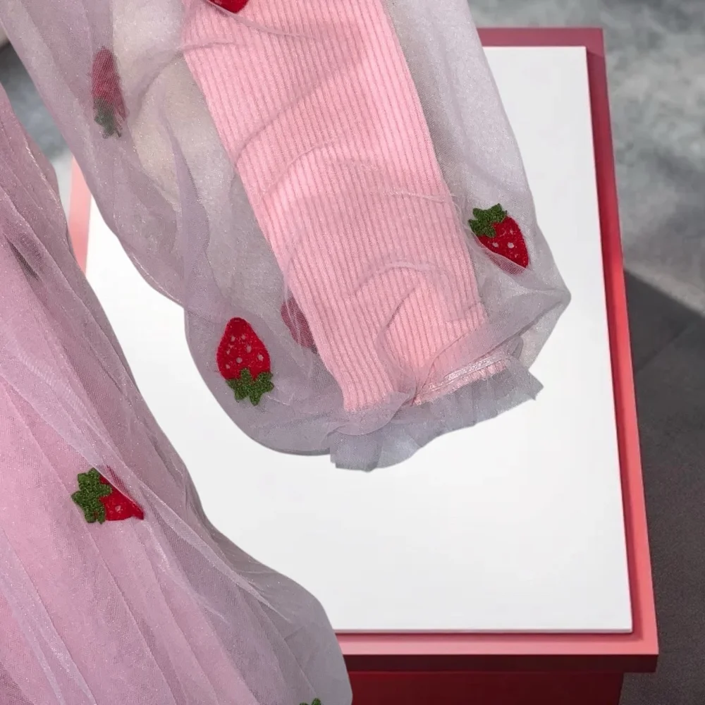Lola & The Boys Boutique Pink Netted Strawberries Dress Spring Easter Girls Sz 8 - Picture 6 of 8